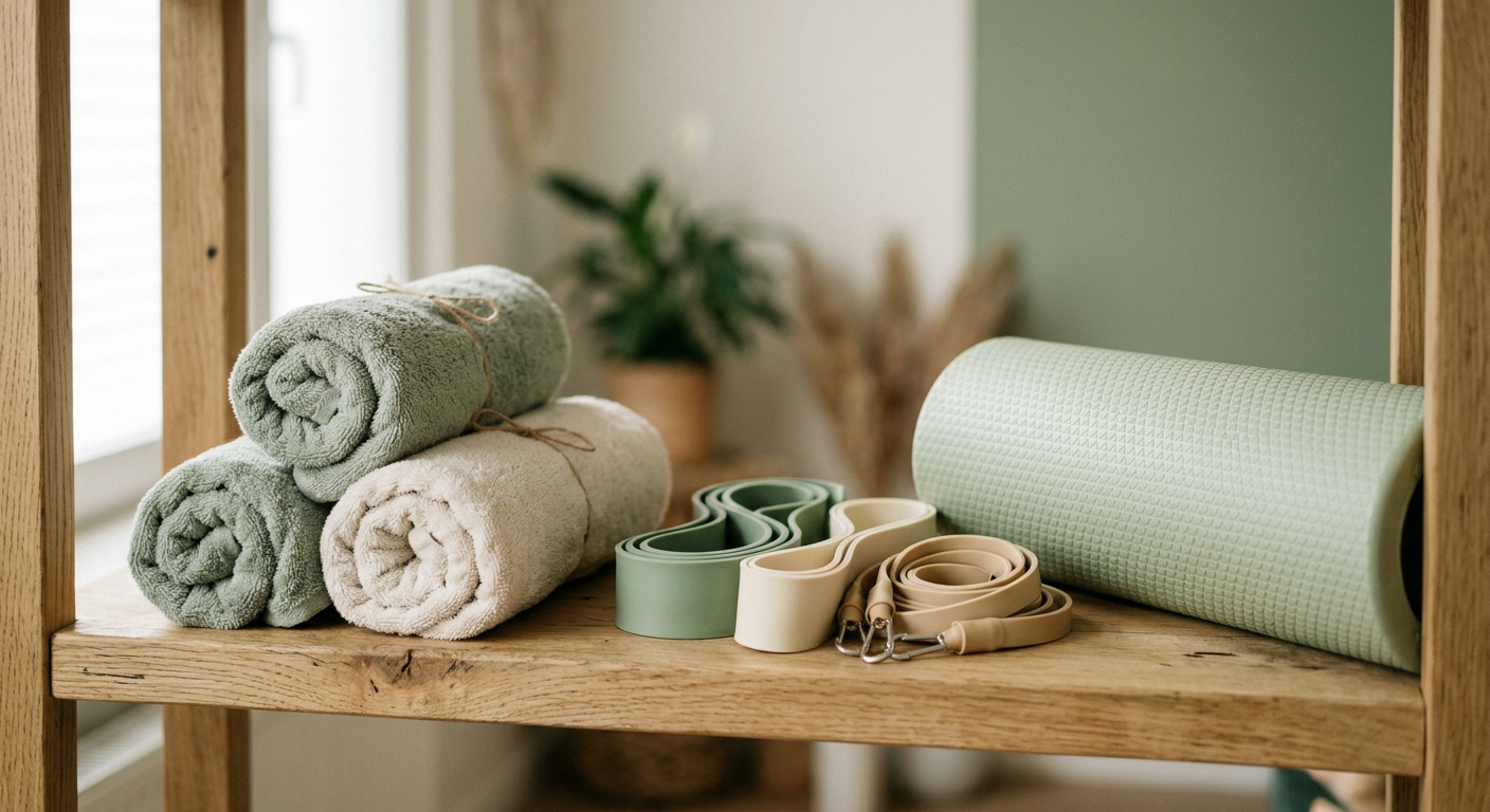 Rolled towels, resistance bands and a foam roller arranged on a light timber shelf